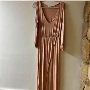 Cottagecore pink maxi dress with a V-neckline, empire waist & flowy wrap skirt